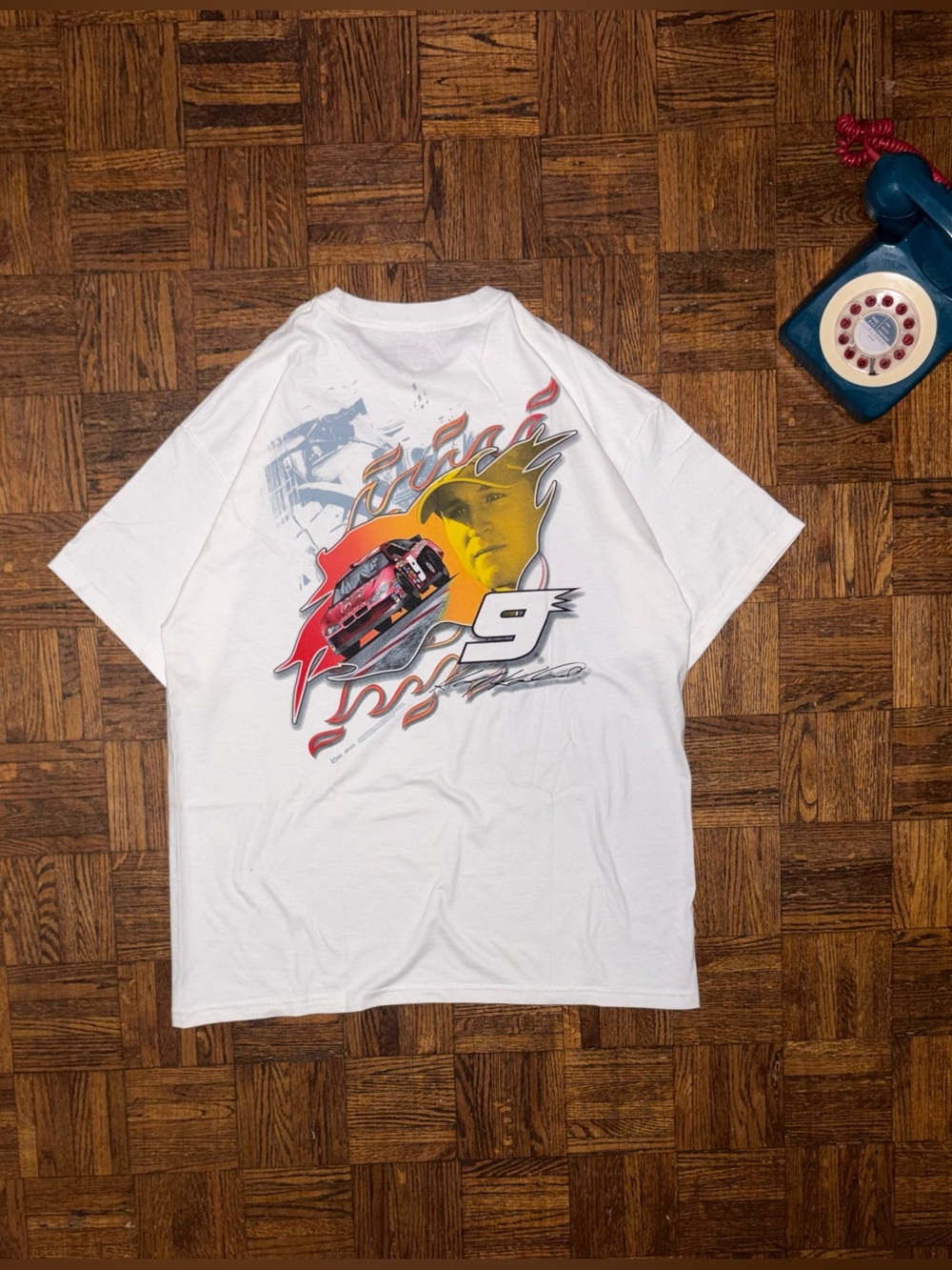 Chase Authentics White Racing Graphic Tee with Red and Yellow Accents